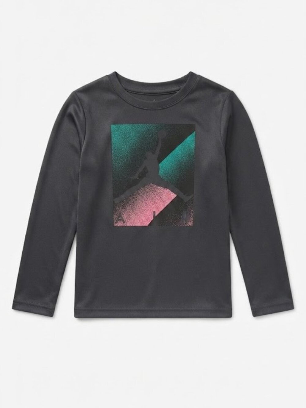 Jordan Kids Long Sleeve Tee in Charcoal with Green & Pink Graphic